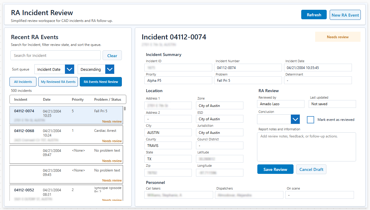 EMS RA CAD Events Power App interface screenshot