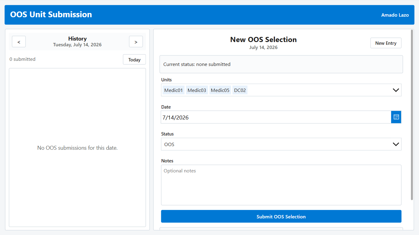 EMS Unit Out of Service Scheduler Power App interface screenshot