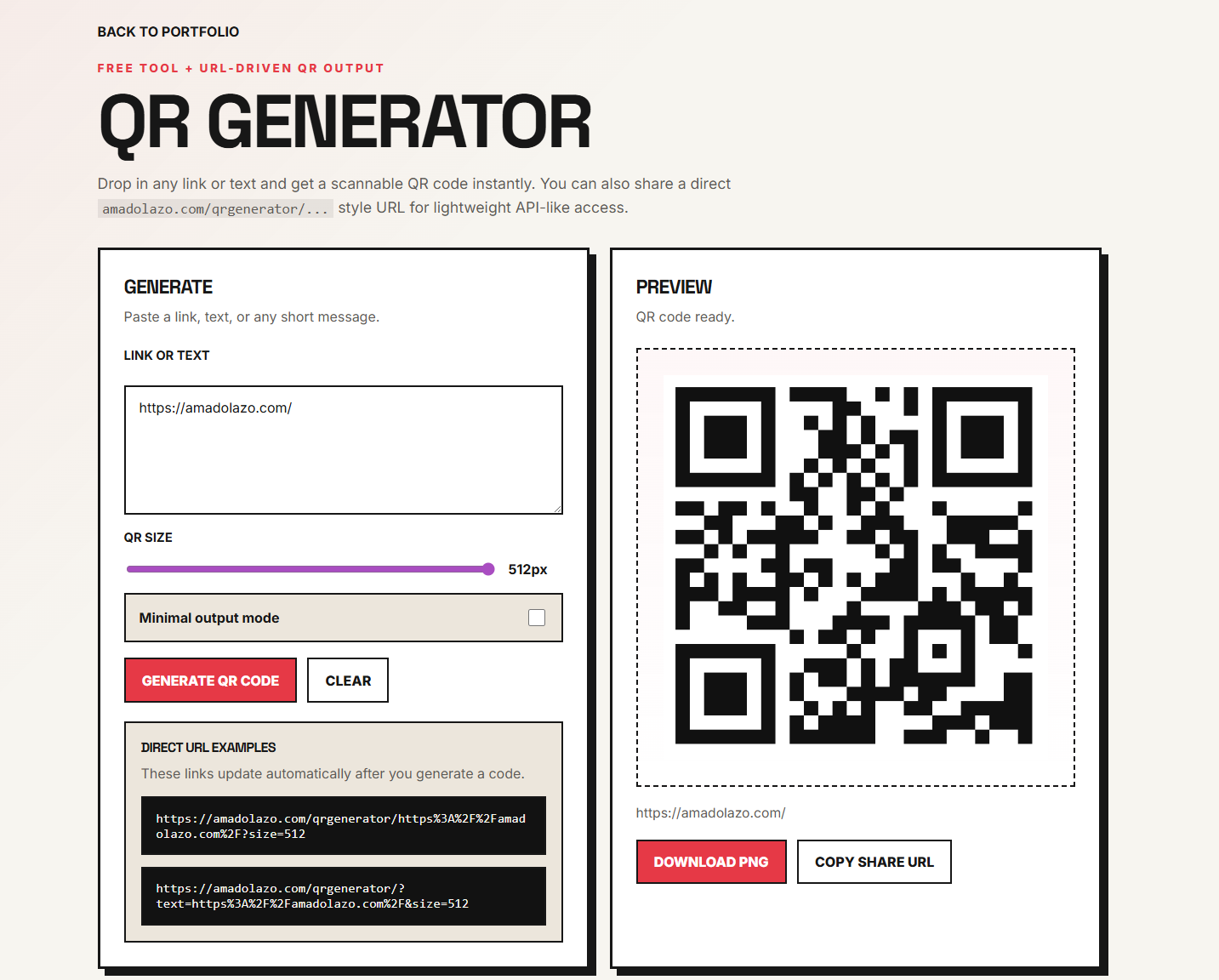 Amado Lazo QR Generator API project preview