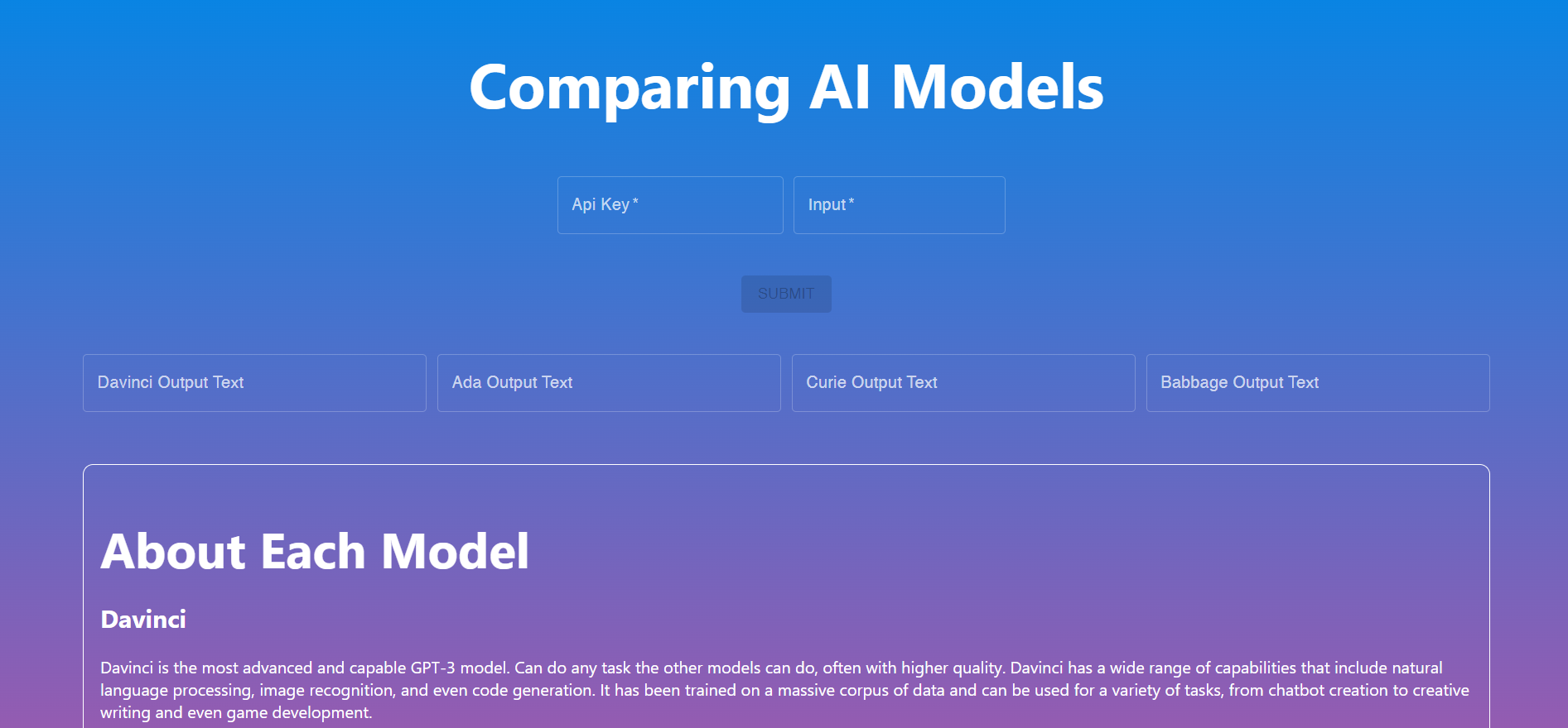 Comparing AI models project screenshot